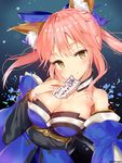  1girl bare_shoulders big_breasts blush breasts brown_eyes caster_(fate/extra) cleavage dress fate/extra kitsune_mimi long_hair looking_at_viewer pink_hair smile solo twintails upper_body 