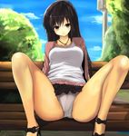  bangs bench black_footwear black_hair black_skirt blouse blue_sky breasts brown_hair cafe_au_lait_(kafeore) cardigan closed_mouth cloud cloudy_sky day exhibitionism eyebrows_visible_through_hair feet_out_of_frame female_pervert grey_panties high_heels highres jewelry legs light_smile long_hair looking_at_viewer medium_breasts miniskirt necklace open_cardigan open_clothes original outdoors panties pantyshot pantyshot_(sitting) park_bench pervert shoes sitting skirt sky solo spread_legs thighs underwear upskirt white_blouse 