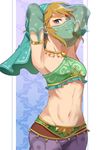  alternate_costume armpits arms_behind_head blue_eyes brown_hair crossdressing detached_sleeves gerudo_link link looking_at_viewer male_focus midriff navel otoko_no_ko riko_(sorube) see-through smile solo the_legend_of_zelda the_legend_of_zelda:_breath_of_the_wild toned toned_male veil 