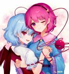  2girls :d ;) ainy77 back_cutout bangs bat_wings belt black_belt black_hairband blue_hair blue_shirt blush breasts commentary_request dress eyebrows_visible_through_hair eyelashes eyeshadow fang frilled_shirt_collar frilled_sleeves frills hair_between_eyes hair_ornament hairband hand_holding head_tilt heart heart_hair_ornament komeiji_satori long_sleeves looking_at_viewer makeup medium_breasts multiple_girls no_hat no_headwear one_eye_closed open_mouth pink_background pink_eyes pink_hair pointy_ears puffy_short_sleeves puffy_sleeves red_eyes remilia_scarlet shirt short_hair short_sleeves slit_pupils smile third_eye touhou upper_body white_dress wide_sleeves wings yuri 