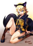  absurdres armor armored_dress blade_&amp;_soul blonde_hair blue_eyes boots breasts dress eyebrows fang full_body head_tilt highres leg_up long_hair looking_at_viewer ryuusei_(mark_ii) short_dress sitting slender_waist small_breasts solo tail 
