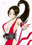  1girl breasts brown_hair fan fatal_fury pixiv_manga_sample ponytail sakura_petals shiranui_mai smile solo 