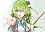 ;d eyebrows_visible_through_hair frog_hair_ornament gohei gradient gradient_background green_eyes green_hair hair_ornament hair_tubes holding kochiya_sanae long_hair looking_at_viewer one_eye_closed open_mouth pointing smile snake_hair_ornament solo touhou wide_sleeves yuki_(snowmaiden) 