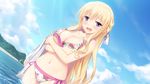  1girl akatsuki-works bikini blonde_hair blush breast_hold breasts cleavage female game_cg hair_ribbon long_hair looking_at_viewer navel open_mouth purple_eyes saeki_hokuto solo souma_izana suisei_ginka swimsuit underboob waifu2x wardrobe_malfunction wet 