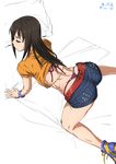  :3 all_fours artist_name ass bangs bed_sheet belt bikini black_hair bracelet closed_eyes closed_mouth commentary_request crop_top denim denim_shorts high_heels highres idolmaster idolmaster_cinderella_girls jewelry long_hair on_bed orange_shirt pillow purple_bikini shibuya_rin shirt short_shorts shorts signature solo spread_legs suna swimsuit thong thong_bikini 