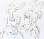  animal_ears bunny_ears bunny_nose covering_mouth eyeshadow hair_over_one_eye hand_over_own_mouth ichigo_choco image_sample kagari_atsuko little_witch_academia long_hair makeup multiple_girls pixiv_sample simple_background sketch smile sucy_manbavaran sweatdrop 
