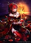  bare_shoulders breasts cleavage company_name cup flower gyakushuu_no_fantasica hair_flower hair_ornament japanese_clothes katagiri_hachigou kimono lamp large_breasts long_hair official_art open_mouth orange_eyes red_hair sakazuki sitting solo thighhighs 