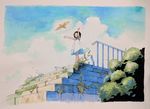  bird black_hair cloud dress highres iwato1712 marker_(medium) millipen_(medium) original outstretched_arms paper_background plant railing ruins short_hair sky solo stairs traditional_media white_dress 