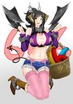  666 :d black_hair blush boots bracelet breasts brown_footwear cleavage cutoffs demon_girl demon_horns demon_tail demon_wings detached_sleeves fang fork full_body garter_belt green_eyes hair_ornament high_heel_boots high_heels highres horns jewelry knees_together_feet_apart large_breasts looking_at_viewer megatama navel open_mouth original picnic_basket pink_legwear ponytail short_shorts shorts sidelocks smile solo stomach tail thighhighs wings 