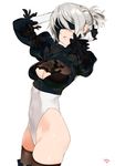  artist_name black_gloves black_legwear blindfold boots breasts cleavage cleavage_cutout covered_navel feather-trimmed_sleeves gloves grey_hair medium_breasts mole mole_under_mouth nier_(series) nier_automata parted_lips ponytail puffy_sleeves satin simple_background solo thigh_boots thighhighs white_background yang-do yorha_no._2_type_b 