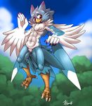  abs ambiguous_gender athletic avian beak bird feathered_wings feathers flying kivwolf looking_at_viewer navel nude open_mouth outside smile waving winged_arms wings 