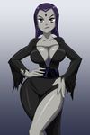  1girl blue_hair breasts cleavage cosplay dc_comics elvira grey_skin large_breasts raven_(dc) solo teen_titans wide_hips 