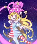  alien_(psr992) american_flag_dress american_flag_legwear blonde_hair clownpiece dress fairy_wings fang fire hat holding jester_cap long_hair looking_at_viewer neck_ruff open_mouth pantyhose polka_dot red_eyes short_dress short_sleeves sky smile solo star star_(sky) star_print starry_sky striped torch touhou very_long_hair wings 