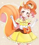  2017 animal_ears arisugawa_himari blush brown_background brown_eyes brown_hair character_name choker cure_custard dated elbow_gloves extra_ears food_themed_hair_ornament gloves hair_ornament heart kirakira_precure_a_la_mode large_tail looking_to_the_side magical_girl nekohina_pika precure red_choker skirt smile solo squirrel_ears squirrel_tail tail white_gloves yellow_skirt 
