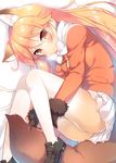  animal_ears ass bangs black_footwear black_gloves blonde_hair blush bow bowtie cameltoe eyebrows_visible_through_hair ezo_red_fox_(kemono_friends) feet_out_of_frame fetal_position fox_ears fox_tail from_above fur-trimmed_sleeves fur_trim gloves kemono_friends long_hair long_sleeves looking_at_viewer looking_up lying no_socks on_side orange_eyes panties pantyshot pantyshot_(lying) pleated_skirt sazaki_ichiri shiny shiny_skin shoes skirt solo tail tail_grab tan underwear very_long_hair white_bow white_neckwear white_panties white_skirt 