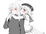  :d ahoge arms_around_neck bangs blush eyes_closed facing_viewer grey_sweater greyscale hair_between_eyes hair_ornament hat highres imminent_kiss lips long_hair long_sleeves looking_at_viewer monochrome open_mouth original pleated_skirt reef ribbed_sweater sailor_collar shirt short_hair short_sleeves simple_background skirt smile spot_color sweater yuri 