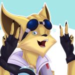  absurd_res anthro canine clothed clothing damian5320 double_v_sign eyewear fennec fox goggles headshot_portrait hi_res looking_at_viewer male mammal one_eye_closed open_mouth paladins pip_(paladins) portrait smile solo teeth tongue v_sign wink 