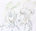  animal_ears bunny_ears bunny_nose covering_mouth eyeshadow hair_over_one_eye hand_over_own_mouth highres ichigo_choco kagari_atsuko little_witch_academia long_hair makeup multiple_girls simple_background sketch smile squiggle sucy_manbavaran sweatdrop 