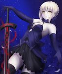  artoria_pendragon_(all) bare_shoulders black_dress black_legwear blonde_hair breasts cleavage dark_excalibur dark_persona denpa_(denpae29) dress elbow_gloves fate/stay_night fate_(series) gloves gothic_lolita highres lolita_fashion medium_breasts saber_alter sideboob sigil solo sword thighhighs weapon yellow_eyes 