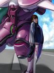  absurdres against_mecha asian bangs blue_sky bodysuit breasts brown_eyes brown_hair character_name clothes_writing cloud d.va_(overwatch) day emblem facepaint facial_mark headphones high_collar highres jacket jong_hyun_jeon leaning_back long_hair long_sleeves looking_at_viewer looking_to_the_side mecha meka_(overwatch) nose outdoors overwatch pilot_suit pink_lips realistic ribbed_bodysuit runway shadow shoulder_pads skin_tight sky sleeves_past_wrists small_breasts solo standing swept_bangs whisker_markings 