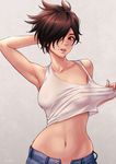  armpits breasts brown_eyes brown_hair casual chromatic_aberration covered_nipples crop_top freckles hair_over_one_eye hand_behind_head looking_at_viewer medium_breasts midriff navel no_bra open_fly open_mouth overwatch shirt_pull sleeveless solo stomach tracer_(overwatch) umigraphics upper_body wide_hips 