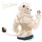  anthro arched_back ass_cleavage bernil clothed clothing condom english_text feline fur leo_(saitama_seibu_lions) lion looking_at_viewer looking_back mammal mane mascot muscular nippon_professional_baseball pants_down partially_clothed pinup pose rear_view saitama_seibu_lions signature solo text topless whiskers 