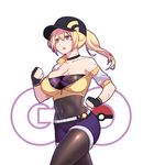  bad_id bad_pixiv_id baseball_cap blonde_hair blue_eyes blush_stickers breasts cleavage covered_navel cropped_jacket female_protagonist_(pokemon_go) fingerless_gloves gloves hat large_breasts leggings legwear_under_shorts long_hair mistrie off_shoulder open_mouth pokemon pokemon_go ponytail running shorts solo sweat 
