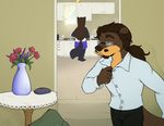  2016 anthro black_fur brown_fur brown_hair canine clothed clothing eyewear female fur glasses hair inside machati-sama male mammal mustelid otter wolf 