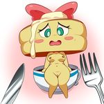 2017 areola beverage blush breasts coffee female food_creature fork green_eyes hair_bow hair_ribbon hottocake knife lonbluewolf nipples open_mouth pussy ribbons solo video_games yo-kai_watch 