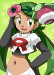  1girl alternate_costume bounsweet dark_skin flower flower_on_head green_eyes green_hair hainchu hair_flower hand_on_hips highres mao_(pokemon) midriff navel pokemon pokemon_(anime) pokemon_sm team_rocket team_rocket_(cosplay) twintails 