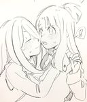  2girls blush hair_over_one_eye highres ichigo_choco kagari_atsuko little_witch_academia long_hair luna_nova_school_uniform monochrome multiple_girls open_mouth pale_color sketch spoken_exclamation_mark sucy_manbavaran surprised yuri 