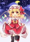  :d bangs black_legwear blonde_hair blush bow brooch commentary_request cowboy_shot crescent_moon crystal flandre_scarlet frilled_shirt_collar frilled_skirt frills garter_straps hat hat_bow jewelry leg_up lifted_by_self looking_at_viewer mary_janes mob_cap moon neck_ribbon night night_sky open_mouth puffy_short_sleeves puffy_sleeves red_bow red_eyes red_skirt red_vest ribbon ruhika shoes short_sleeves side_ponytail skirt skirt_lift skirt_set sky smile solo star thighhighs touhou vest wings wrist_cuffs 