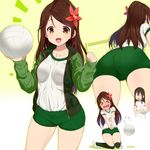  &gt;_&lt; 2girls :d akagi_(kantai_collection) amagi_(kantai_collection) ass blush breasts brown_eyes brown_hair clenched_hand closed_eyes collarbone embarrassed eyebrows_visible_through_hair flower flying_sweatdrops green_jacket green_shorts gym_uniform hair_flower hair_ornament highres holding jacket kantai_collection kneeling kusaka_souji long_hair medium_breasts mole mole_under_eye motion_lines multiple_girls multiple_views nose_blush open_clothes open_jacket open_mouth over-kneehighs own_hands_together shirt shoes short_shorts short_sleeves shorts sleeves_past_wrists smile thighhighs track_jacket volleyball volleyball_net white_footwear white_shirt 