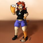  2017 big_breasts black_hair breasts brown_background brown_eyes claws clothing dinosaur english_text female footwear hair human mammal open_mouth orange_scales red_hair scales shikaro shirt shoes signature simple_background slightly_chubby text toe_claws torn_clothing transformation 