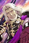  armor beard facial_hair fire_emblem fire_emblem_if garon_(fire_emblem_if) gloves highres magiquasar male_focus open_mouth red_eyes siegfried_(sword) sky solo sword teeth tiara upper_body weapon white_hair 