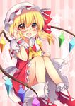  :d adjusting_eyewear ascot bangs bespectacled blonde_hair blush bobby_socks commentary_request crystal fang flandre_scarlet frilled_shirt_collar frilled_skirt frills glasses hat hat_ribbon knees_up looking_at_viewer mary_janes mob_cap open_mouth puffy_short_sleeves puffy_sleeves red-framed_eyewear red_eyes red_ribbon red_skirt red_vest ribbon ruhika semi-rimless_eyewear shoes short_sleeves side_ponytail sitting skirt skirt_set smile socks solo touhou under-rim_eyewear vest white_legwear wings wrist_cuffs 