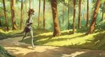  anthro brown_hair clothed clothing day detailed_background digitigrade dragon female forest grass hair nature outside path pelboy running scalie solo tree 