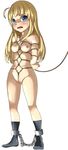  1girl ahoge arms_behind_back blonde_hair blue_eyes bound_ankles box_tie breasts chains child crotch_rope crying long_hair nipples nude open_mouth scared shibari tears white_background young 