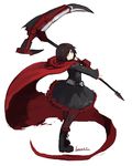  artist_name belt black_dress black_hair boots cape crescent_rose dress holding holding_weapon lansane long_sleeves looking_at_viewer multicolored_hair pantyhose red_cape red_hair ruby_rose rwby scythe short_hair silver_eyes sleeves_past_wrists smile solo two-tone_hair weapon white_background wide_sleeves 