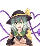  1girl :d bar_censor bdsm black_hat bow censored commentary_request eyeball frilled_shirt_collar frilled_sleeves frills glowing glowing_eyes green_eyes green_hair hair_between_eyes handjob hat hat_bow heart heart_of_string hetero komeiji_koishi long_sleeves open_mouth penis piro_(iiiiiiiiii) pov_crotch sadism shaded_face simple_background smile solo_focus squeezing_testicles testicle_grab testicles third_eye touhou upper_body urethral_insertion wide_sleeves yellow_bow 