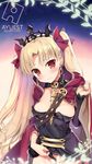  areola_slip areolae bangs bankoku_ayuya between_breasts black_dress black_nails blonde_hair blush bow breasts cape closed_mouth collarbone cowboy_shot dress earrings ereshkigal_(fate/grand_order) eyebrows_visible_through_hair fate/grand_order fate_(series) glowing gold_trim groin hair_bow head_tilt jewelry long_hair long_sleeves looking_at_viewer nail_polish parted_bangs red_bow red_cape red_eyes skull small_breasts smile solo standing strap_cleavage tiara twintails very_long_hair watermark web_address wedgie 