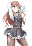  arashio_(kantai_collection) arms_behind_head arms_up belt brown_eyes brown_hair cowboy_shot dress dress_shirt frilled_dress frills kantai_collection long_hair looking_at_viewer pantyhose parted_lips pinafore_dress rakisuto remodel_(kantai_collection) school_uniform shirt simple_background solo standing white_background 