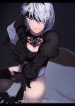  akuan_(7jackpot7) black_gloves black_hairband blindfold blindfold_removed blue_eyes breasts cleavage cleavage_cutout covered_eyes feather-trimmed_sleeves gloves hairband highres juliet_sleeves leotard long_sleeves medium_breasts nier_(series) nier_automata no_pants puffy_sleeves short_hair silver_hair solo vambraces white_leotard yorha_no._2_type_b 