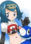  1girl alternate_costume blue_eyes blue_hair hainchu hairband highres midriff navel pokemon pokemon_(anime) pokemon_sm popplio short_hair team_rocket team_rocket_(cosplay) 