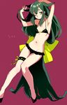  ari_no_sumu_ki bikini black_bikini frilled_bikini frills full_body gatchaman_crowds green_eyes green_hair leg_garter long_hair looking_at_viewer low-tied_long_hair navel one_eye_closed solo standing swimsuit utsutsu very_long_hair 