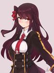  blush breasts closed_mouth embarrassed flying_sweatdrops girls_frontline hair_ribbon long_hair looking_at_viewer medium_breasts mou_tama_maru necktie purple_hair red_eyes red_hair red_neckwear ribbon simple_background solo wa2000_(girls_frontline) 