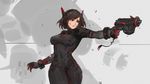  adapted_costume aiming alternate_costume alternate_hair_length alternate_hairstyle bangs black_bodysuit bodysuit breasts brown_hair charm_(object) covered_navel covered_nipples cowboy_shot d.va_(overwatch) dark_persona facepaint facial_mark finger_on_trigger gaoerji grey_background gun handgun headphones high_collar highres holding holding_gun holding_weapon large_breasts mecha meka_(overwatch) overwatch parted_lips pilot_suit pistol red_eyes short_hair shoulder_pads silhouette simple_background sketch skin_tight solo swept_bangs taut_clothes weapon whisker_markings 
