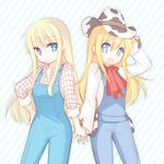  animal_print blonde_hair blue_eyes claire_(harvest_moon) cow_print cowboy_hat harvest_moon harvest_moon:_a_new_beginning hat holding_hands long_hair multiple_girls nocana open_mouth overalls rio_(harvest_moon) smile 