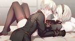  1girl aki663 bed blue_eyes blush couple feather-trimmed_sleeves gloves hetero leotard looking_at_another mole mole_under_mouth nier_(series) nier_automata no_blindfold no_shoes short_hair thighhighs white_hair yorha_no._2_type_b yorha_no._9_type_s 