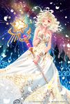  blonde_hair breasts cleavage company_name curly_hair dress flower full_body gyakushuu_no_fantasica large_breasts nishiwaki_yuuri official_art one_eye_closed open_mouth orange_eyes petals rose solo sparkle staff star teeth tiara white_dress 